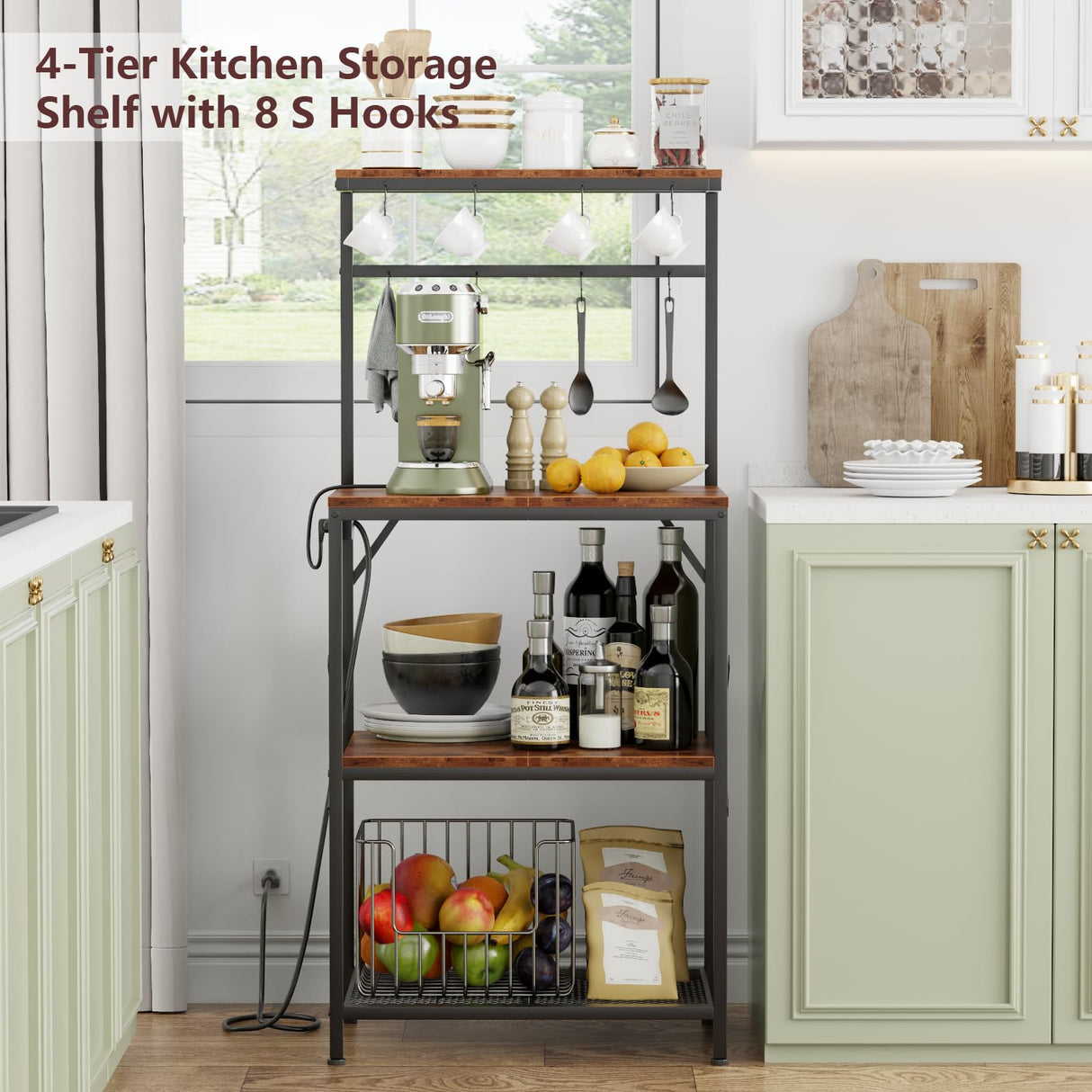 Kitchen Bakers Rack with Power Outlet, Small Microwave Stand with Adjustable Storage Shelves, Coffee Bar Table with 8 Hooks, 4 Tiers Kitchen Coffee Stand Station for Small Space, Rustic Brown Korfile