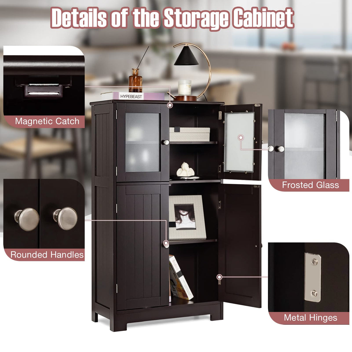 Tangkula Brown Freestanding Bathroom Floor Cabinet with Glass Doors and Adjustable Shelf Tangkula