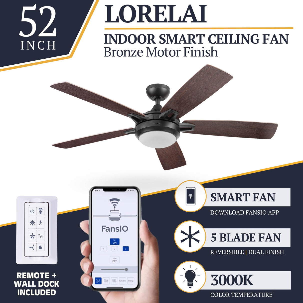Prominence Home 51649-01 Lorelai Smart Ceiling Fan with Light and Remote, 52, Bronze Prominence Home