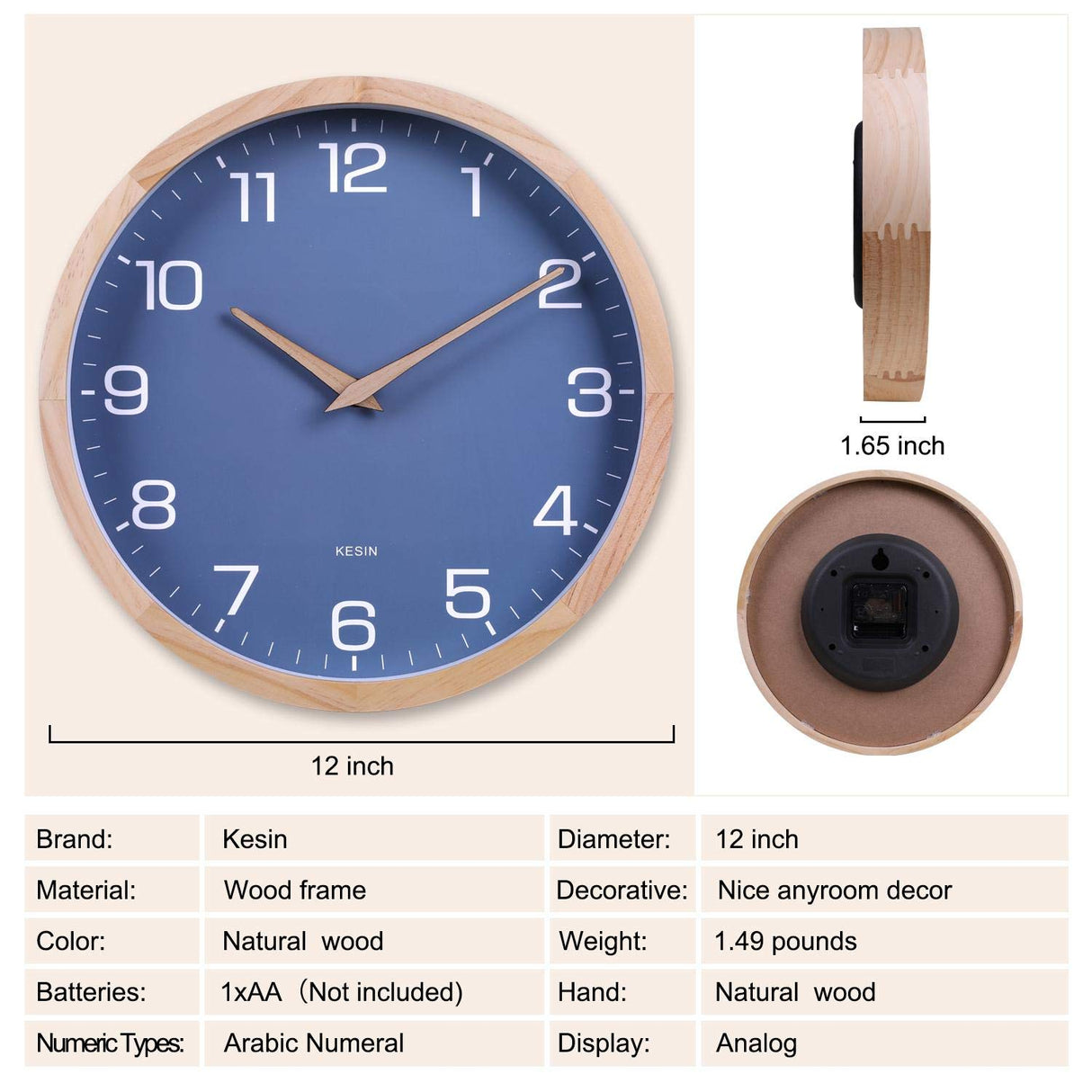 Kesin Wall Clock 12 Inch Silent Non Ticking Wood Wall Clocks Battery Operated - Wooden Blue Modern Simple Clock Decorative for Kitchen,Living Room,Bedroom,Kid’s Room Kesin