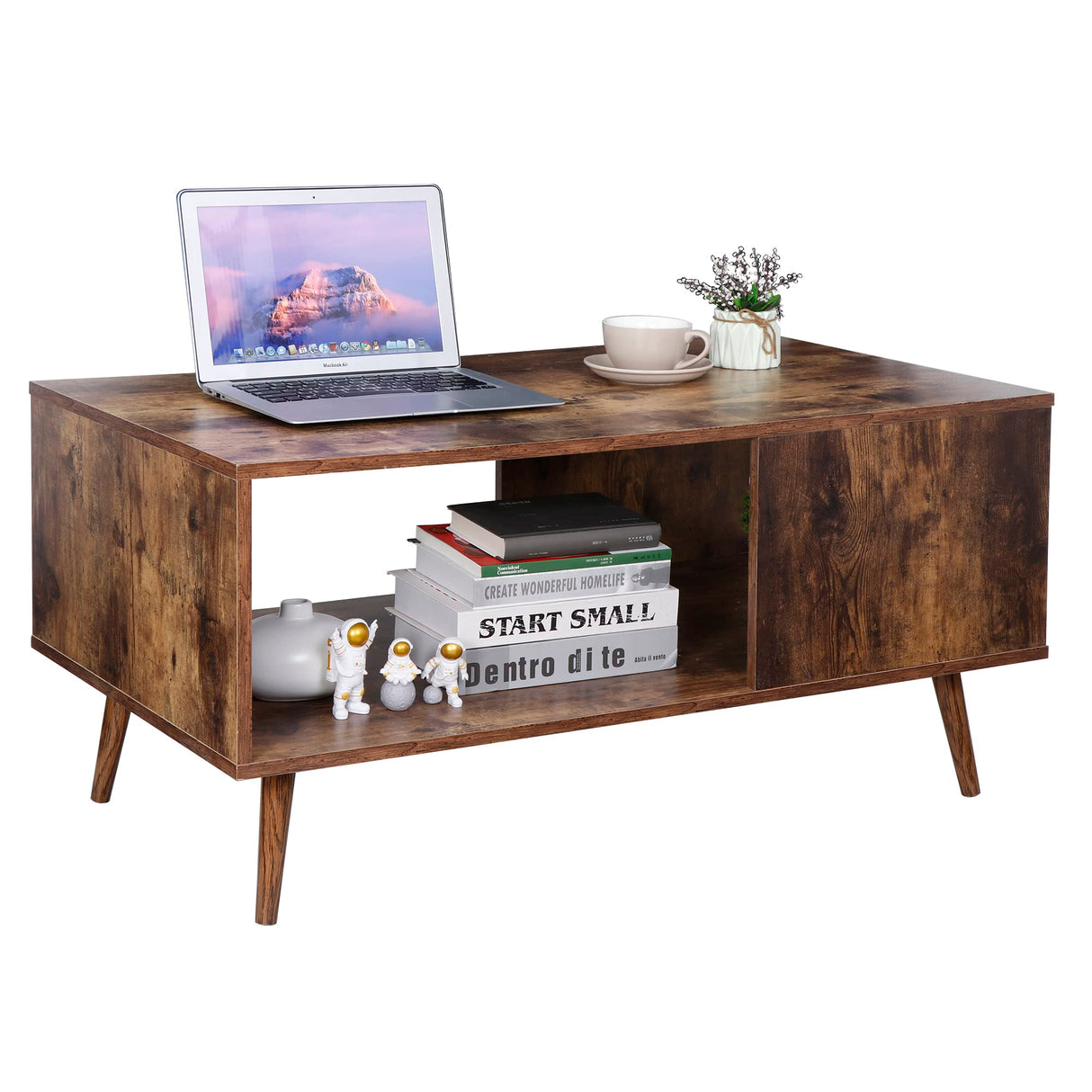 SUPER DEAL 2 Tier Wooden Coffee Table with Storage for Living Room, Modern Mid-Century Accent Furniture Space Saving Rectangle Industrial Cocktail Table for Bedroom Apartment, 40 inch Rustic Brown SUPER DEAL