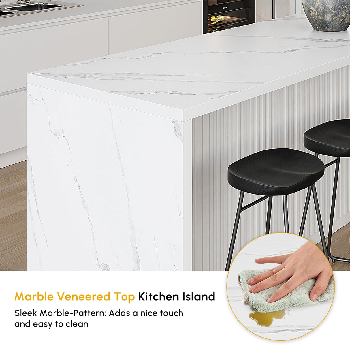 homary 72" Kitchen Island with Storage Kitchen Cabinet Marble Veneered Top Large Island Table with Seating homary