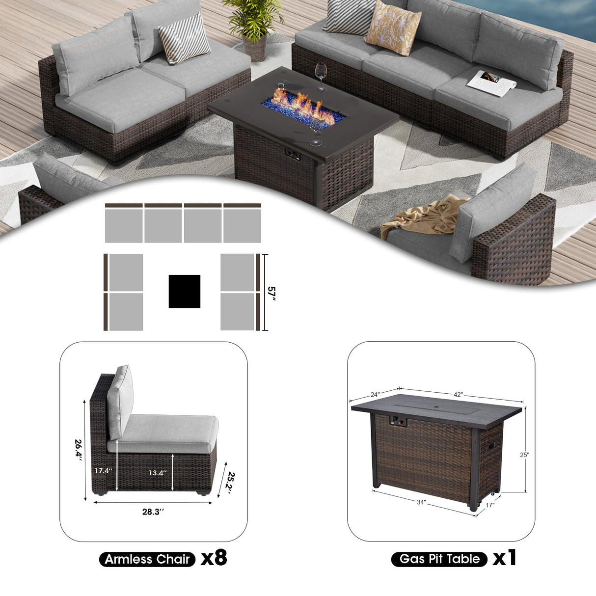 GREZJXC 9 Pieces Outdoor Sectional Patio Furniture Set with Fire Pit Table PE Rattan Wicker Patio Sectional Armless Conversation Set with Cushions Grey GREZJXC