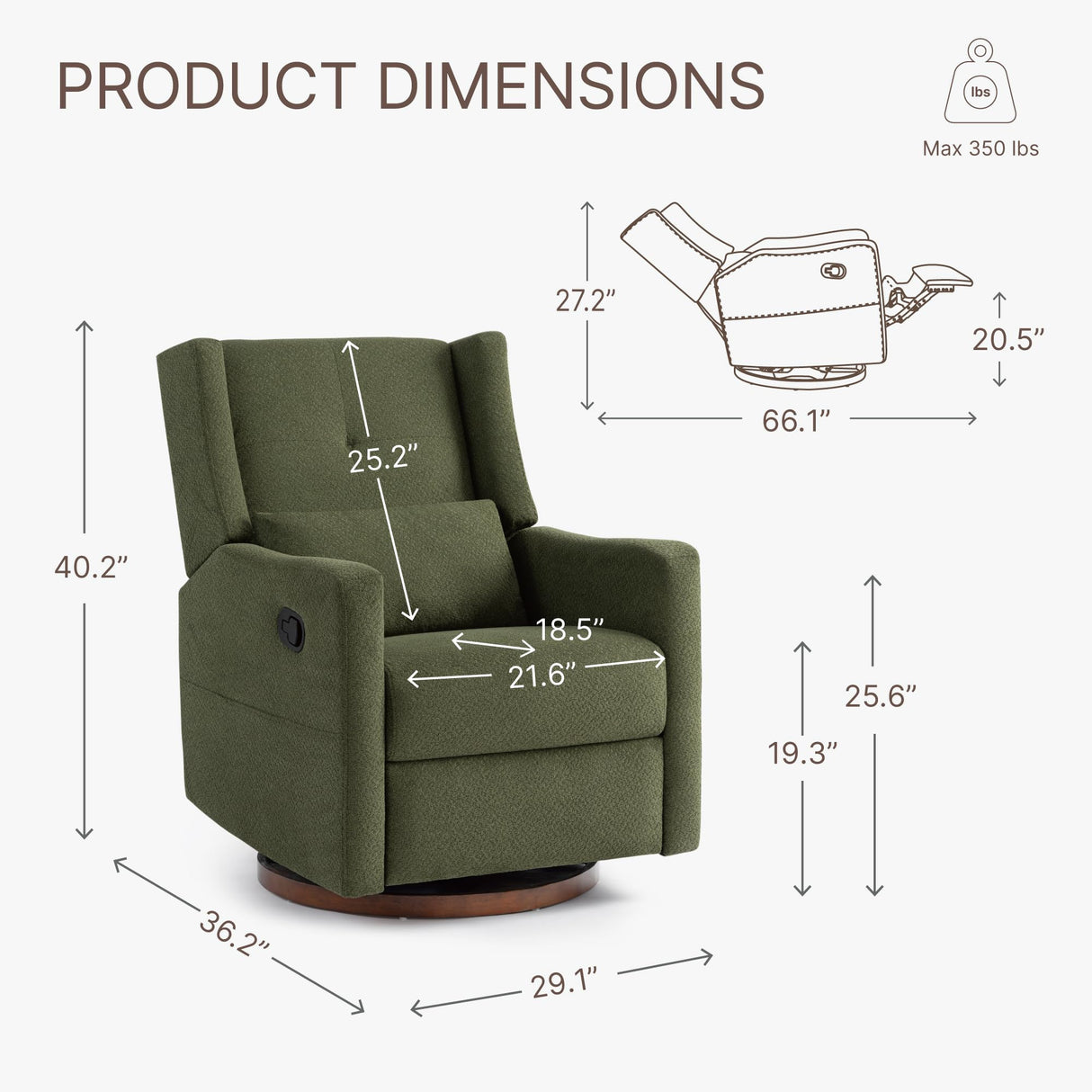 KISLOT Nursery Recliner Chair Swivel Glider Upholstered Rocker Fabric Manual Reclining Chair with Wood Base for Living Room Bedroom KISLOT