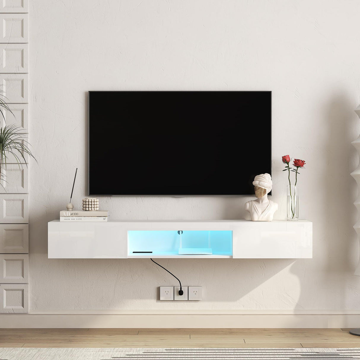 Floating TV Stand Shelf for TVs up to 80 Inch, Floating TV Cabinet with LED Light, Modern Wall Mounted Media Console Shelf with Power Outlets, Entertainment Center for Under TV Storage, White Msutree