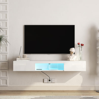 Floating TV Stand Shelf for TVs up to 80 Inch, Floating TV Cabinet with LED Light, Modern Wall Mounted Media Console Shelf with Power Outlets, Entertainment Center for Under TV Storage, White