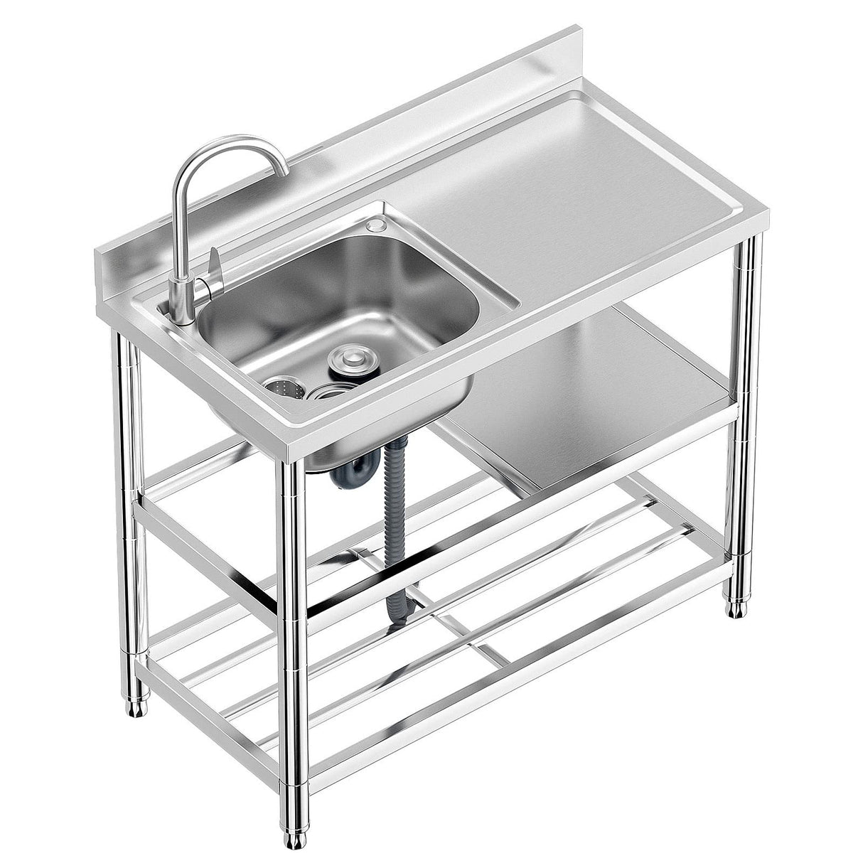 Free Standing Stainless-Steel Single Bowl Commercial Restaurant Kitchen Sink Set w/Faucet & Drainboard, Prep & Utility Washing Hand Basin w/Workbench & Double Storage Shelves Indoor Outdoor (39.5in) KINGBO