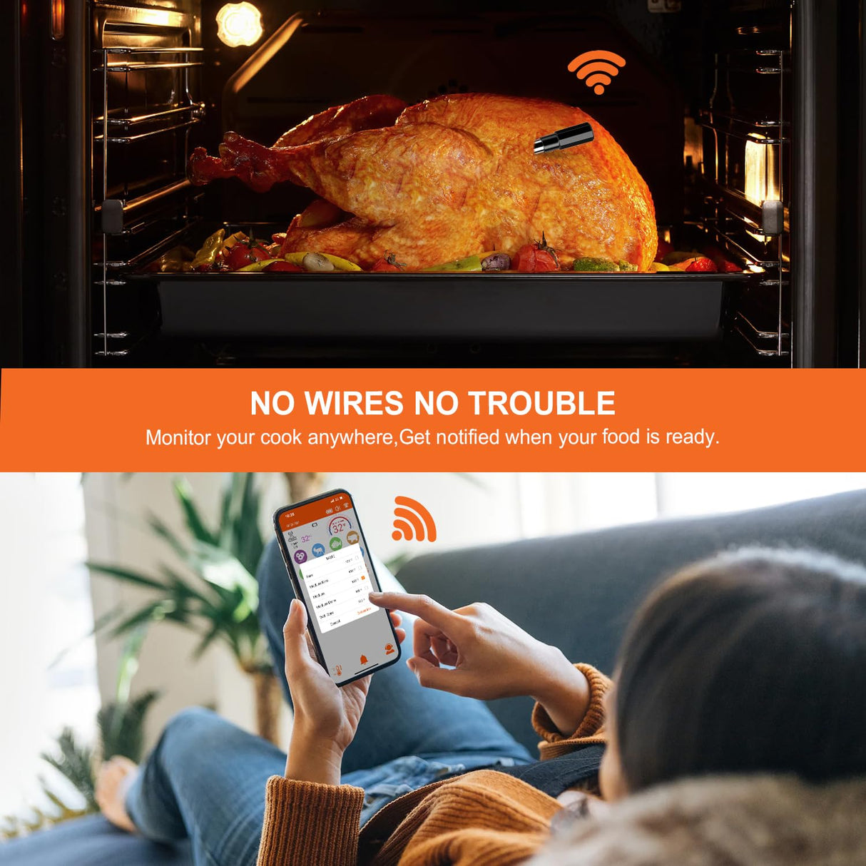 Wireless Meat Thermometer – Digital Cooking Thermometer with Wireless Probe – 500Ft Remote Range Food Thermometer – with iOS & Android Read App -Preprogrammed Temperatures for BBQ, Oven, Grill Dewjom