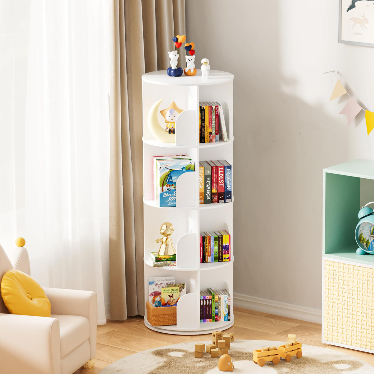 upsimples Rotating Bookshelf, 360° Display Corner Shelf for Book, 4 Tier Floor Standing Spinning Bookcase, Narrow Storage Rack for Kids Room, Bedroom, Living Room, White upsimples