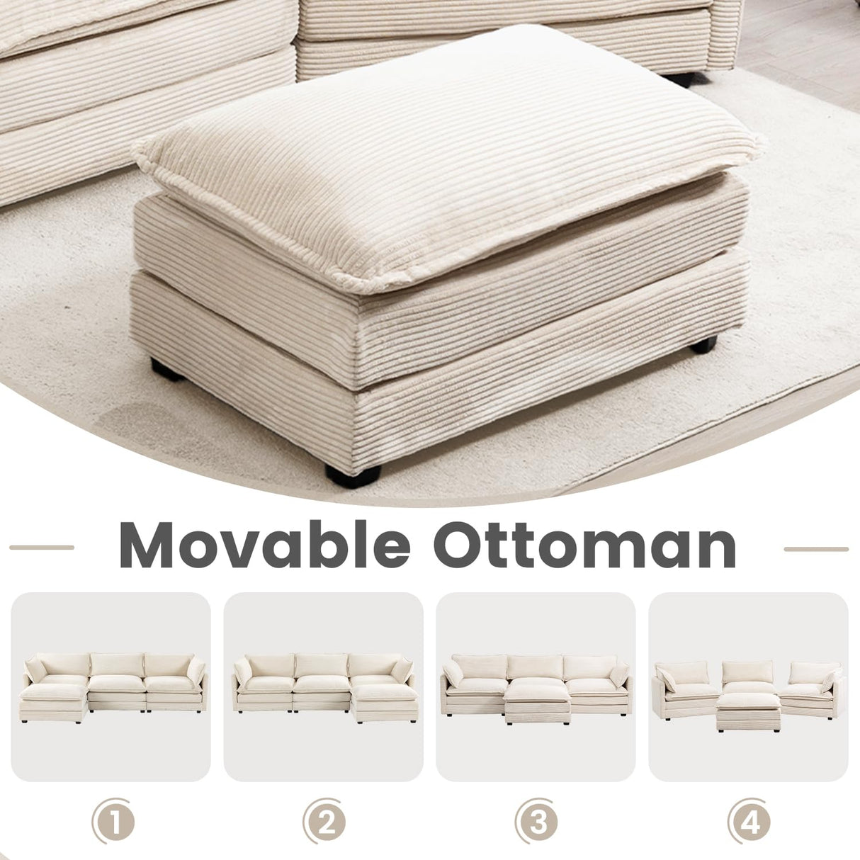 ROWHY Oversized Modular Sectional Sofa with Movable Ottoman, 112 Inch 4 Seat Modern Corduroy Sofa Set, Convertible L Shaped Couch for Living Room and Office, Beige ROWHY