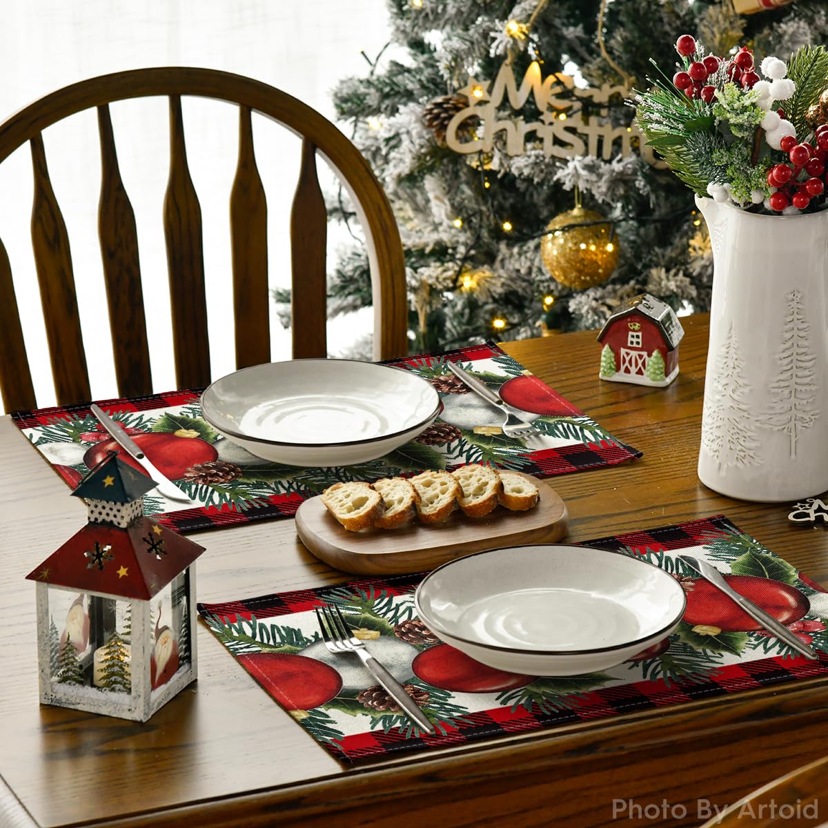 Artoid Mode Red Black Buffalo Plaid Holly Pine Cones Christmas Balls Placemats Set of 4, 12x18 Inch Seasonal Winter Table Mats for Party Kitchen Dining Decoration Artoid Mode