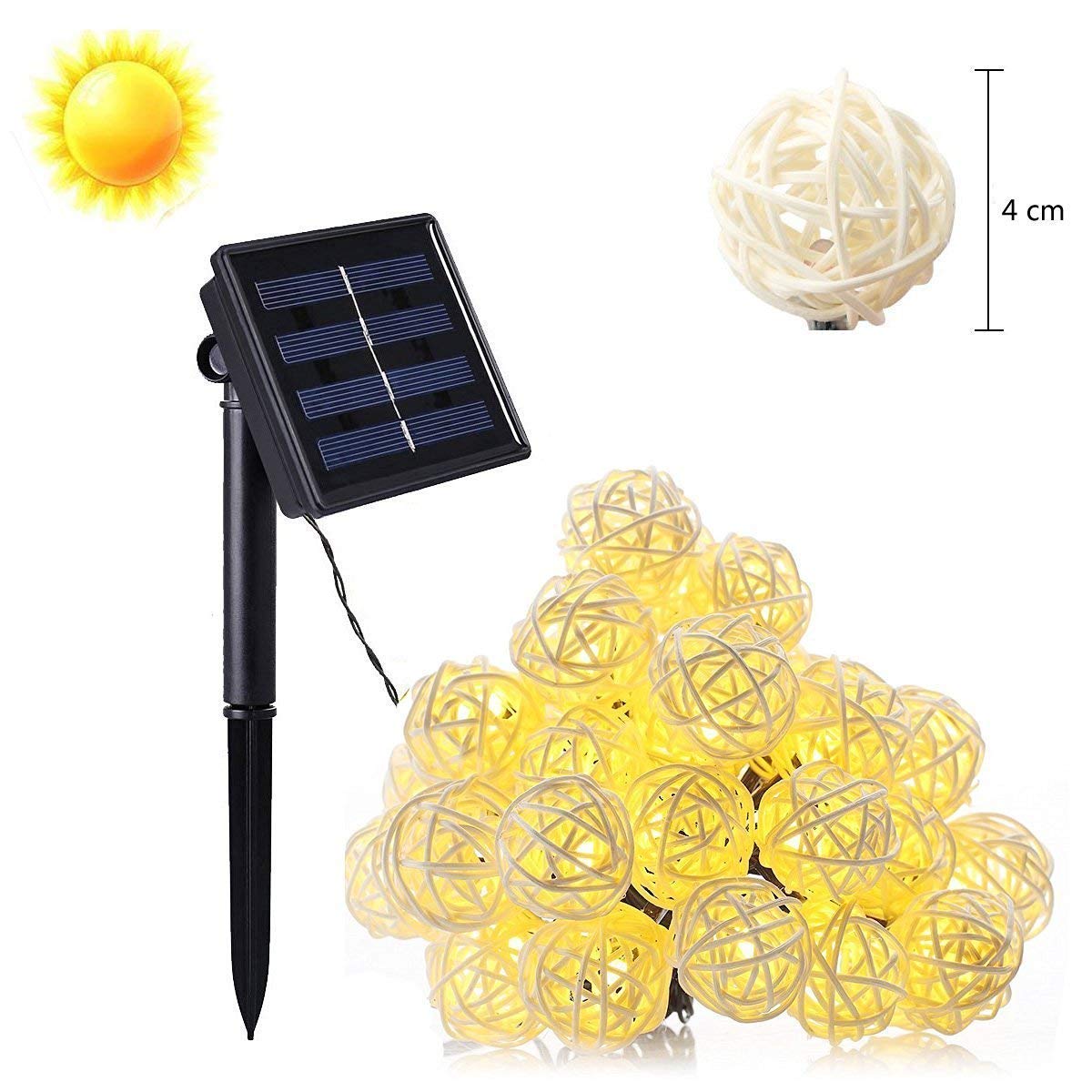EONLYX Solar Rattan Ball String Lights, 30LED 20ft Rattan Ball Fairy Lights Waterproof Rattan Ball Garden Lights for Landscape Patio Christmas Party Wedding Decoration (Warm White) EONLYX