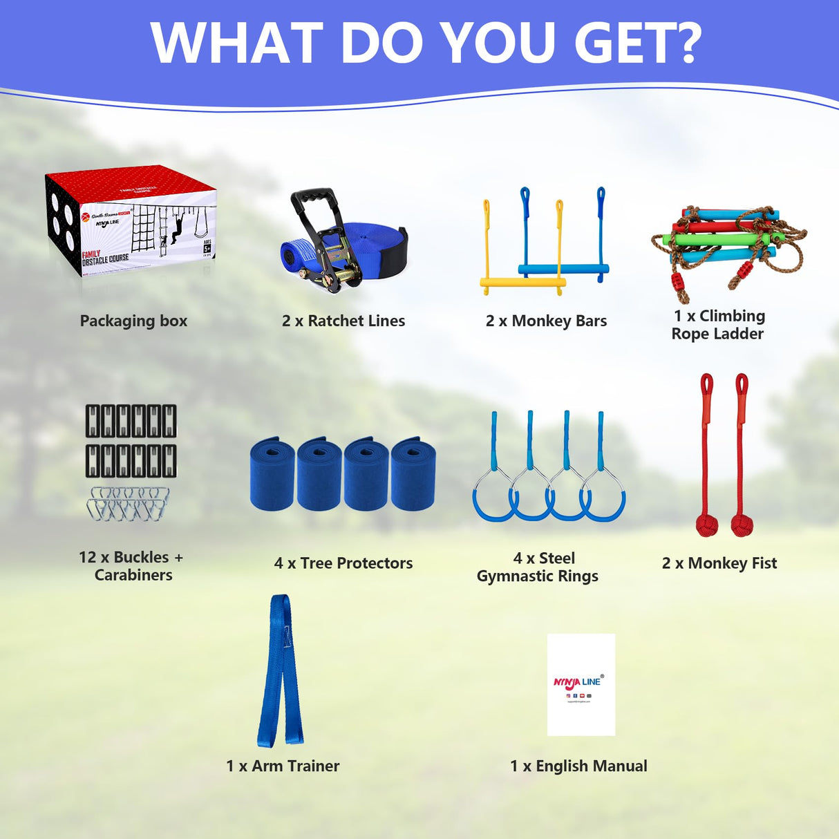 NINJA LINE 2x56FT Ninja Warrior Obstacle Course for Kids, Ninja Slackline with 11 Accessories, Slackline Kit with Pulley, Rope Ladder, Monkey Bar,Arm Trainer, Climbing Rope ninja line