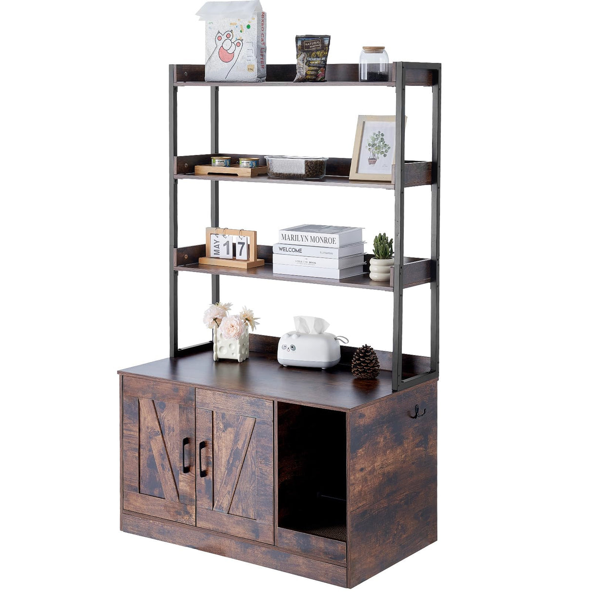 VEVOR Cat Litter Box Enclosure, Hidden Litter Box Furniture with 3 Storage Shelves, Wooden Cat Washroom Indoor, Large Cat House Cabinet Hidden Fit Most Litter Box, 33.5"L x 19.3"W x 58.7"H, Dark Brown VEVOR