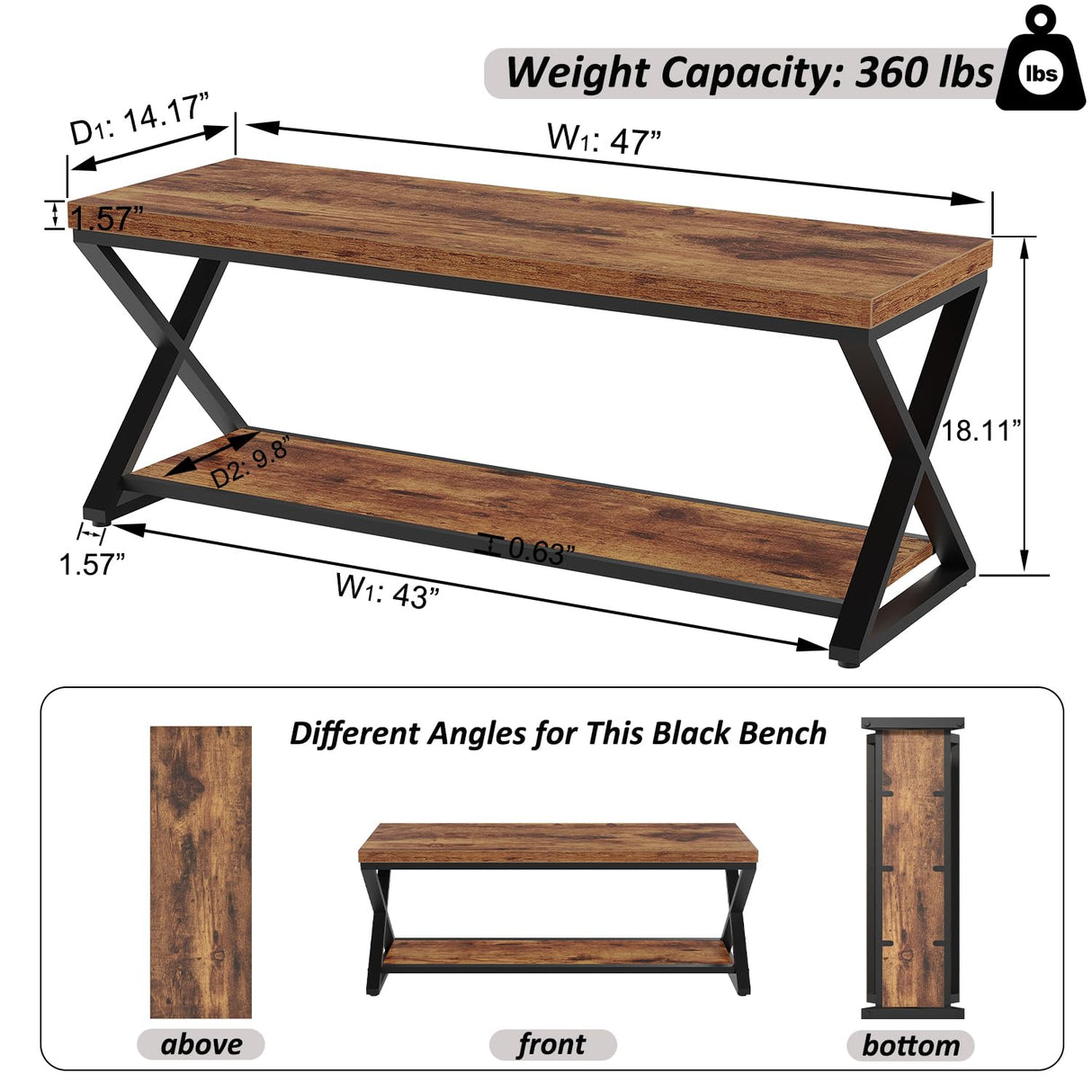 IBF Farmhouse Wood Bench, Industrial Storage Entryway Indoor Bench for Bedroom Hallway Living Room, Rustic Wooden Metal Shoe Rack Accent Foyer Bench Seat for Entrance Sitting, Rustic Brown, 47 in Long IBF