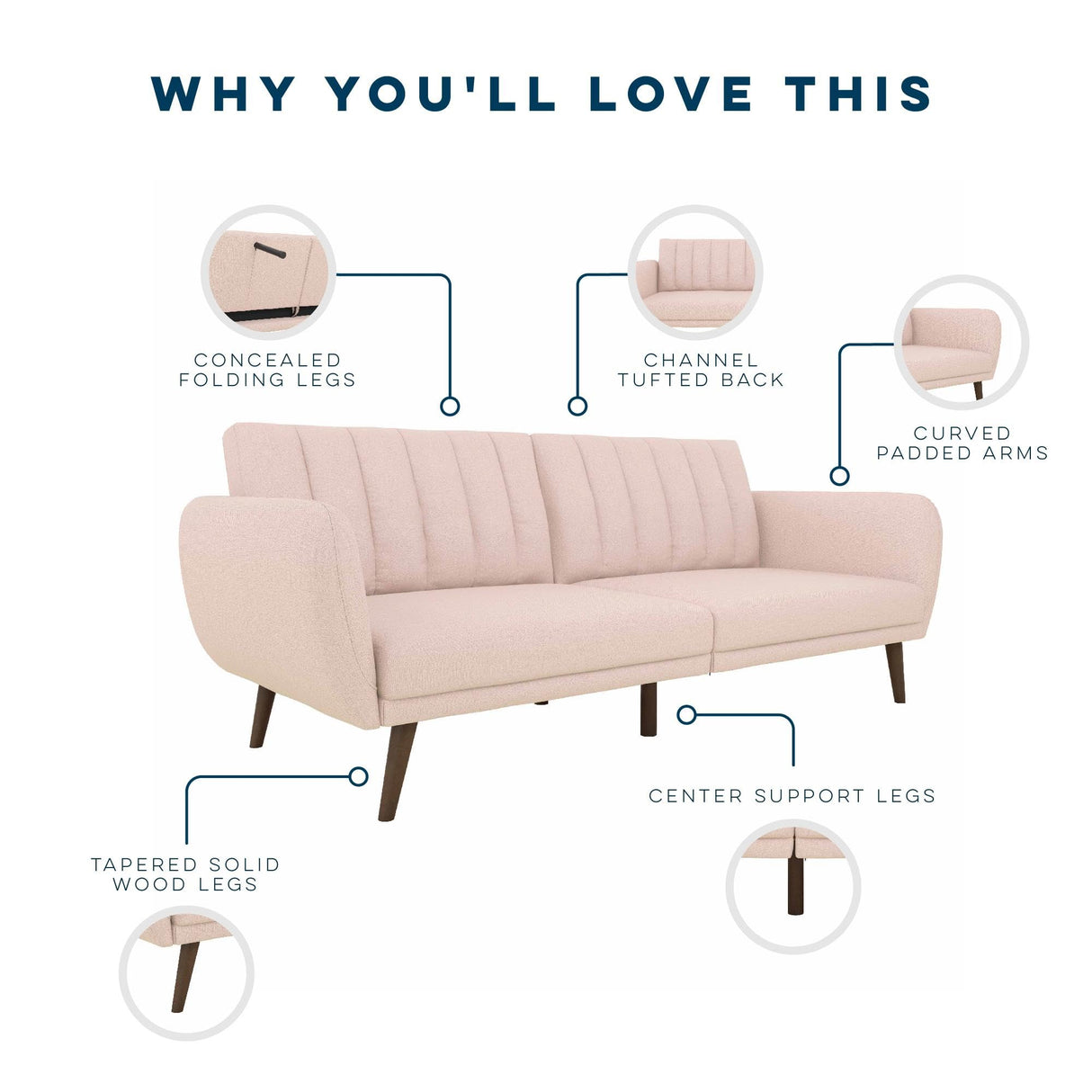 Novogratz Brittany 82 Inch Futon Sofa Bed in Faux Leather, Upholstered Couch Sleeper with Tufted Back, Mid-Century Modern Design, Pink Novogratz