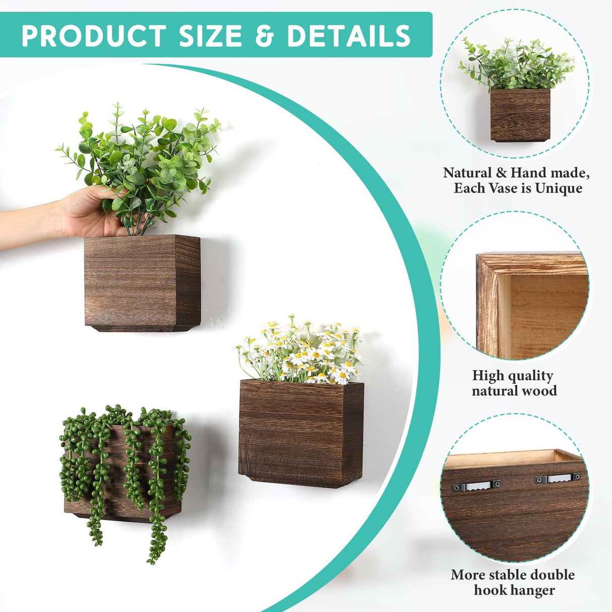 Qinyoung 4 Pack Wood Wall Planters Natural Hanging Plant Pots Plant Holder Natural Farmhouse Wall Hanging Decor Vase for Plants Indoor Artificial Plants Propagation Wall Planters Qinyoung