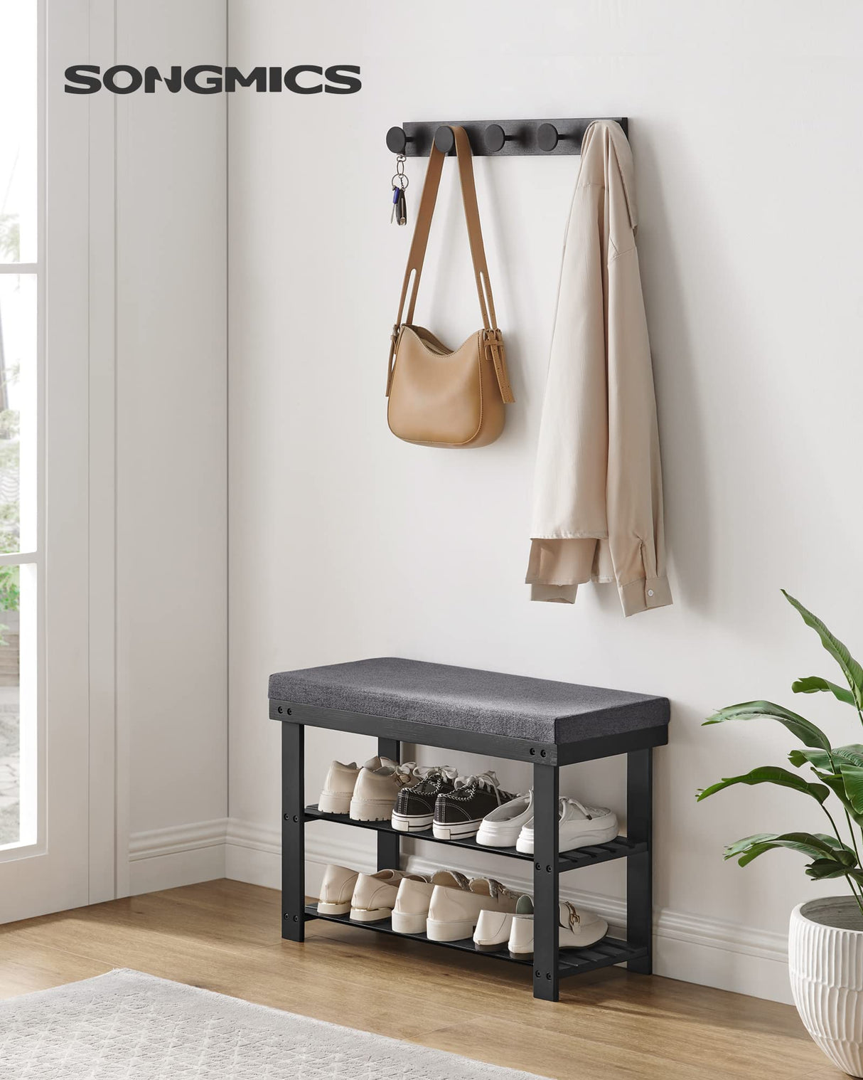 SONGMICS Bamboo Shoe Bench, 3-Tier Shoe Rack, Stable Shoe Organizer for Entryway, Living Room, Bench Seat Holds Up to 330 lb, 11.4 x 28 x 19.3 Inches, Black and Gray ULBS604B01 SONGMICS