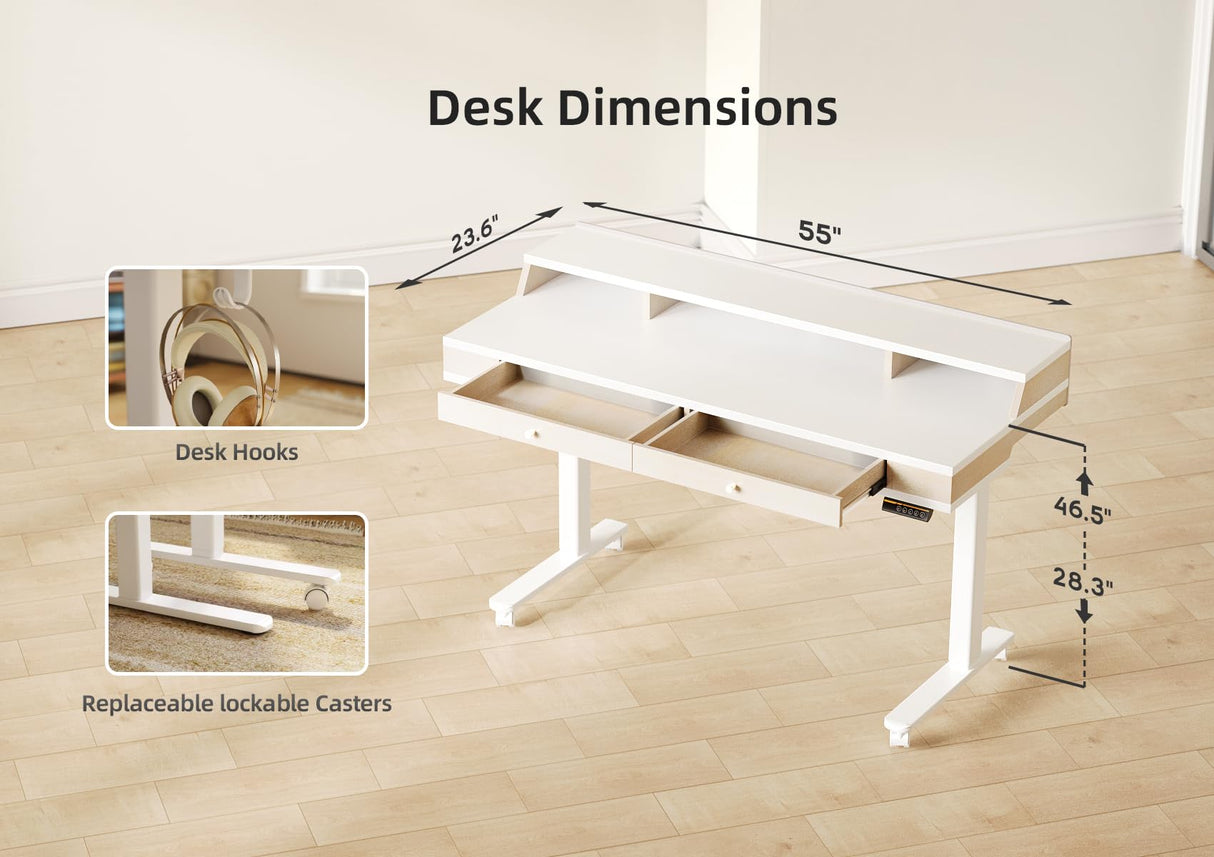 Claiks Standing Desk with Drawers, Electric Adjustable Standing Desk Adjustable Height, Sit Stand Up Desk with Storage Shelves & Wheels, 55 Inch White Claiks