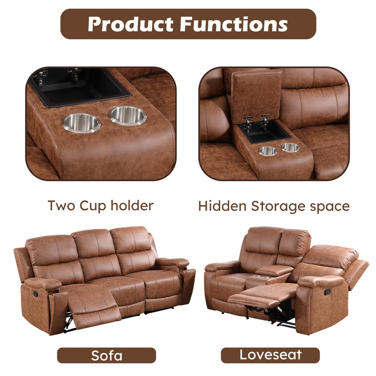 CANMOV Manual Reclining Loveseat with Console,Faux Leather Double Recliner Loveseat Sofa with Hidden Storage and Cup Holders,Manual Recliner Loveseat Couch Set for Living Room,Brown CANMOV