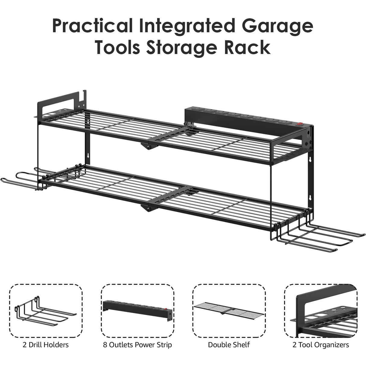 CCCEI Large Garage Tools Storage with Charging Station. Power Tool Battery Organizer Utility Shelf with Power Strip. 4 Drills Holder Wall Mount Rack. CCCEI