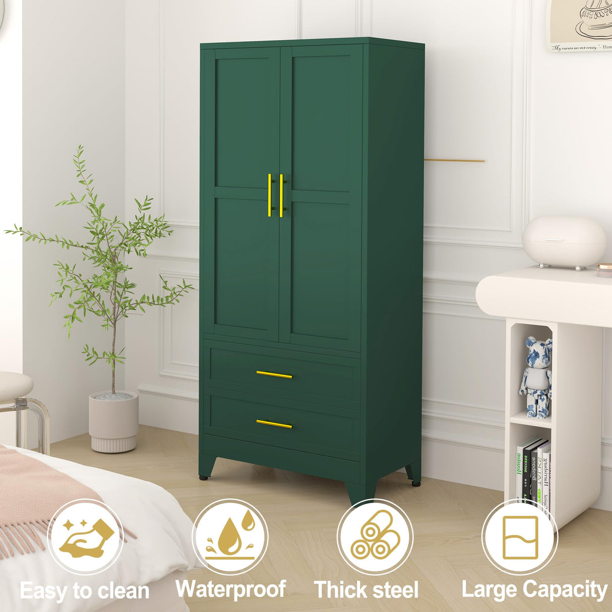 RISTERN 71” Metal Storage Cabinet with 2 Doors, 1 Adjustable Shelf and 2 Draws, Armoire Wardrobe Closet with Hanging Rods for Home Office, Bedroom, Living Room (Green) RISTERN