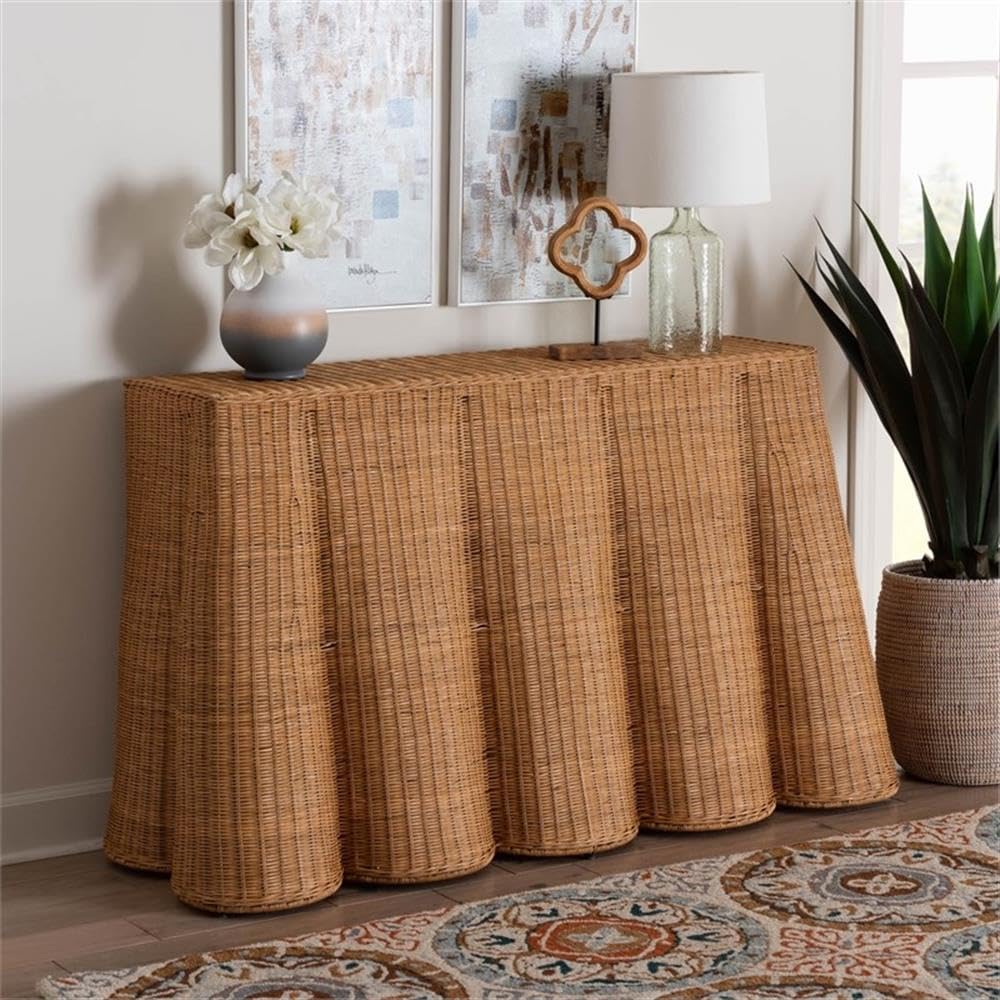 bali & pari Palm Bohemian Honey Scallop Rattan Console Table bali & pari