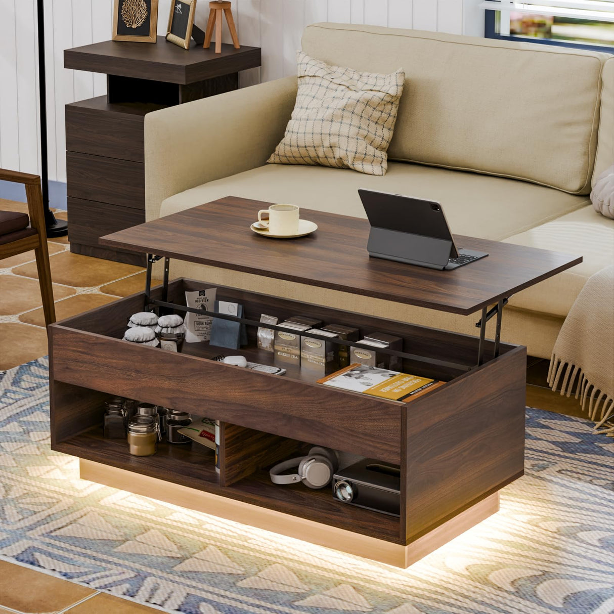 HOMMPA Lift Top Coffee Table with Hidden Storage LED Coffee Table Dark Walnut Living Room 3 Tiers Tea Table with Storage Center Tables Hidden Compartment & 2 Open Shelves HOMMPA