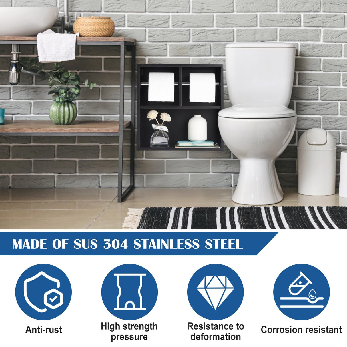 Maxdot Recessed Dual Toilet Roll Holder, Matte Black in Wall Toilet Paper Holder with Storage, Bathroom Wall Niche Shelf, 304 Stainless Steel, Brushed Nickel Maxdot