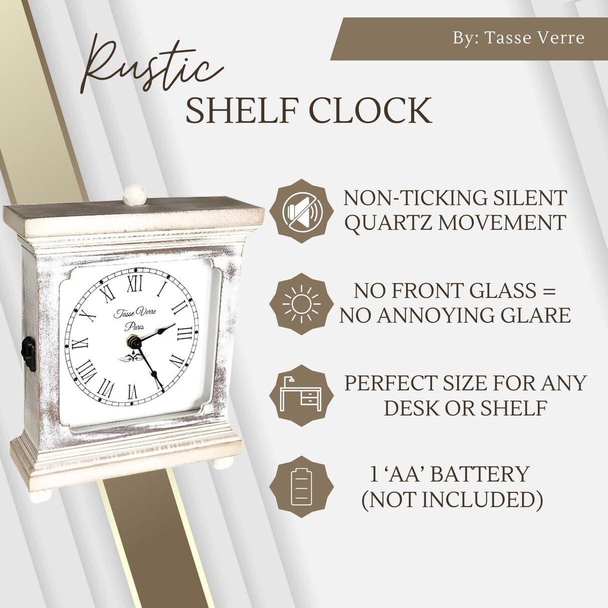 Tasse Verre Rustic Shelf Clock (Quiet) for Living Room Mantel, Table, Or Desk 9" X 7" Farmhouse Decor Distressed White Washed Wood Silent - Office Fireplace. AA Battery Operated Non-Digital, Tan Tasse Verre