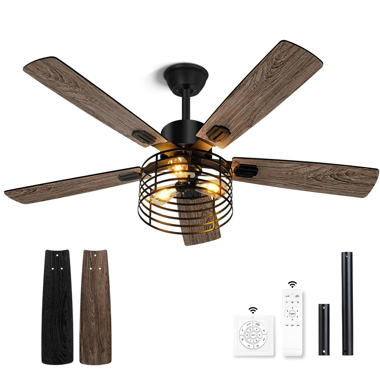 NEWORB 52 Inch Farmhouse Ceiling Fan with Light and Remote, Rustic 3-Light Caged Fan, 5 Dual Finish Blades, Industrial Black Fan for Bedroom, Patio, Living Room NEWORB