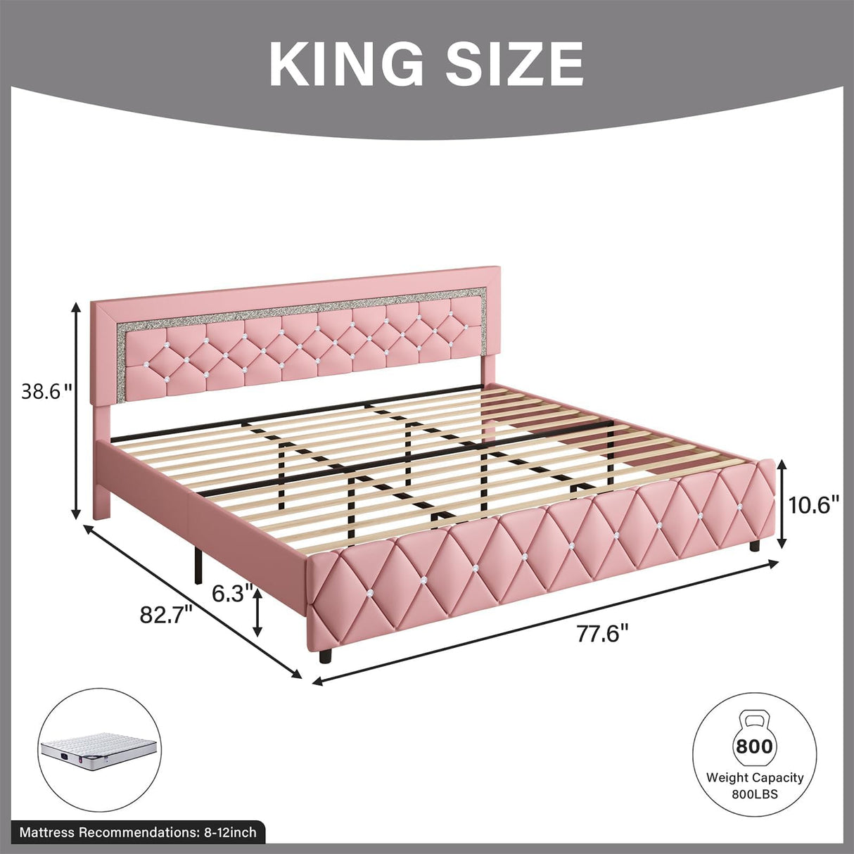 King Size Bed Frame, Faux Leather Upholstered Bed with Diamond Tufted Headboard, Modern King Size Bed with Wooden Slats Support, No Box Spring Required, Easy Assembly, Pink BarnFurin