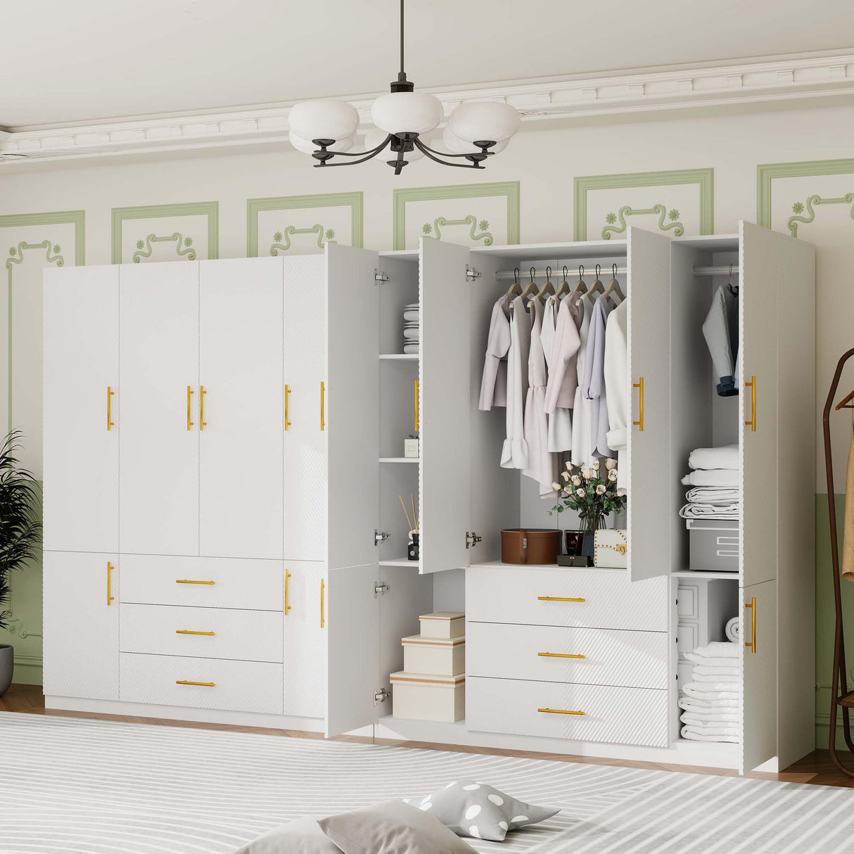 TemkTuek White Wardrobe Closet with Doors, 3 Drawers, Hanging Rods, Metal Handles, Large Capacity, Modern, Freestanding Armoire, Ideal for Bedroom 63.0" W x 20.47" D x 70.87" H (26) TemkTuek