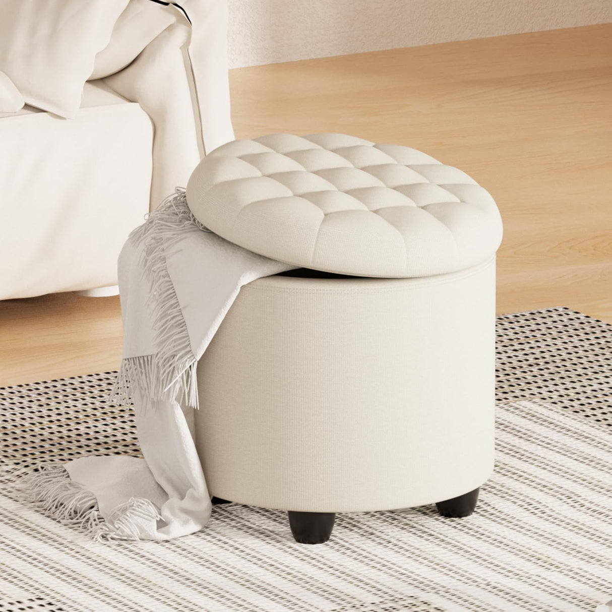 Furniliving Modern Round Storage Ottoman,Button Tufted Ottoman Foot Stools Ottoman Footstool with Removable Lid Storage Ottoman for Living Room, Bedroom, Makeup Room,Beige Furniliving