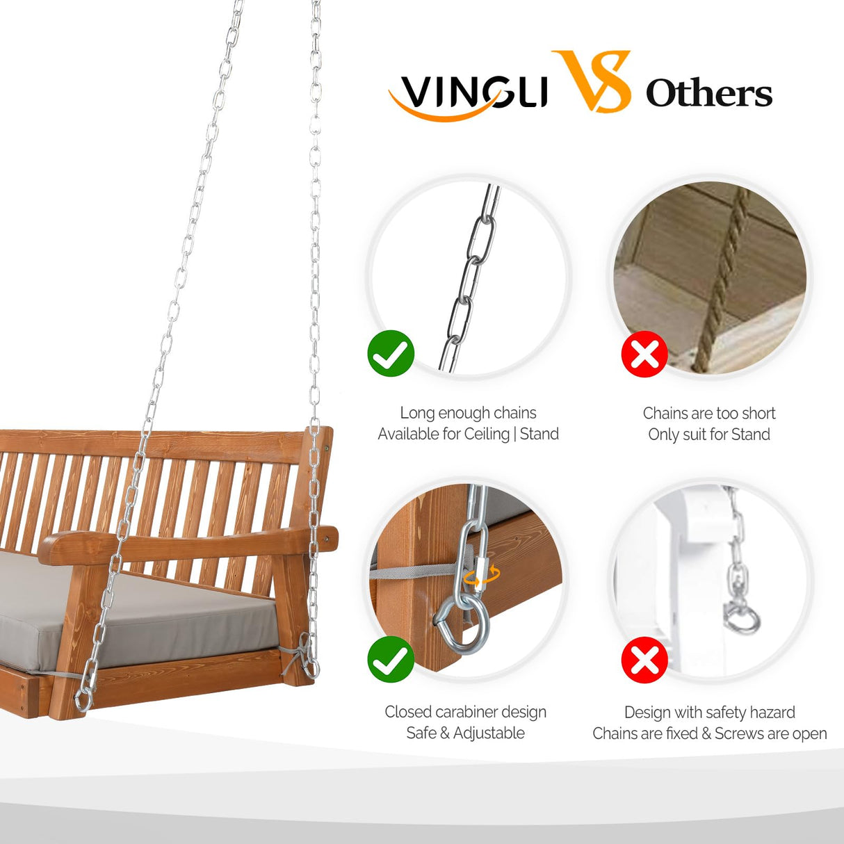 VINGLI Upgraded 6 FT Pine Wood Porch Swing Daybed, Heavy Duty 880 LBS Patio Hanging Swing Sofa Bench with Adjustable Chains and Grey Cushions, Brown Finish VINGLI