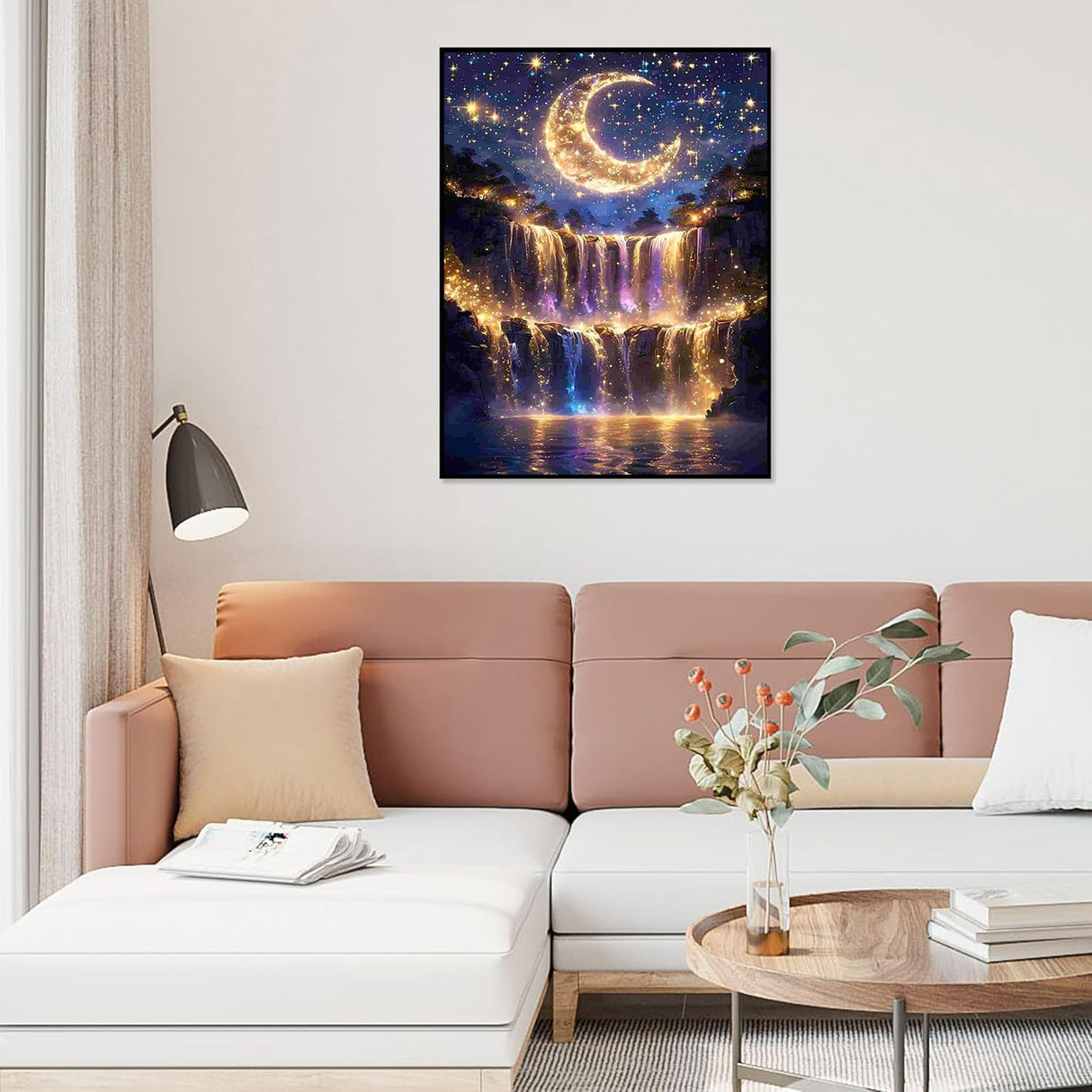 5D Diamond Painting Kits for Adults Beginners, Moonlight Waterfall Diamond Art Kits for Adults, DIY Full Drill Round Moon Landscape Diamond Dots, Home Wall Decor 12x16 Inch Accompany Wind