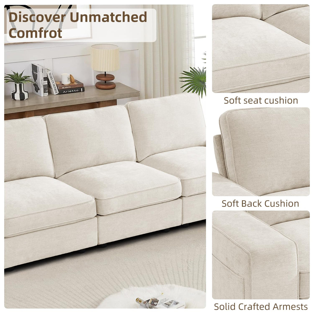 PARKOL 128" Modular Sofa Couch with Large Seats Storage, Chenille Sofa, Modern Comfy 4-Seater Couch for Living Room, Office, Apart, Wide Armrest, Side Pockets, USB Port, Removable Cover PARKOL