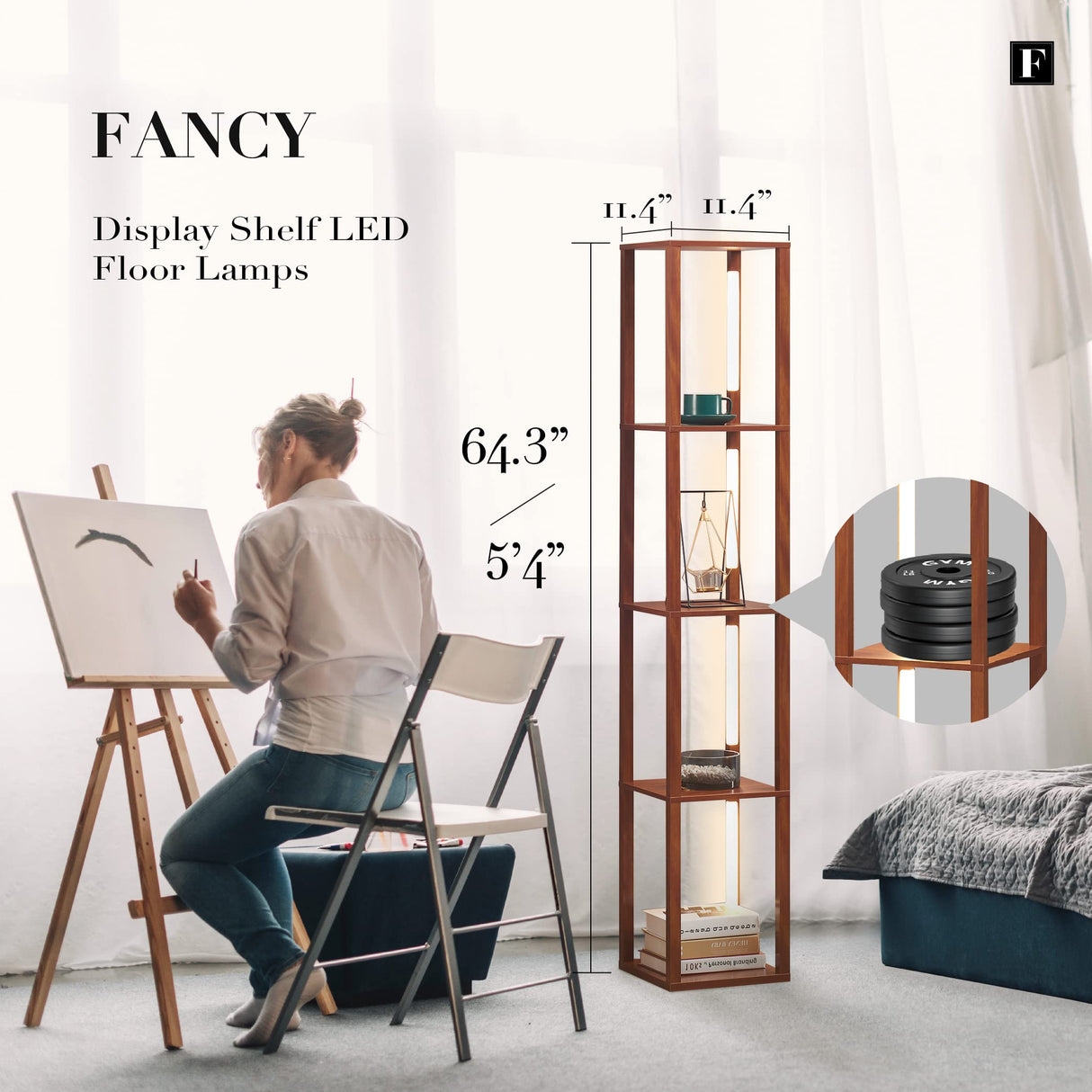 FENLO Fancy - LED Display Shelf with Dimmable Lights, LED Shelf Floor Lamps for Living Room, Sturdy Corner Shelf Curio Cabinet Display, Tall Floor Lamps with Shelves FENLO