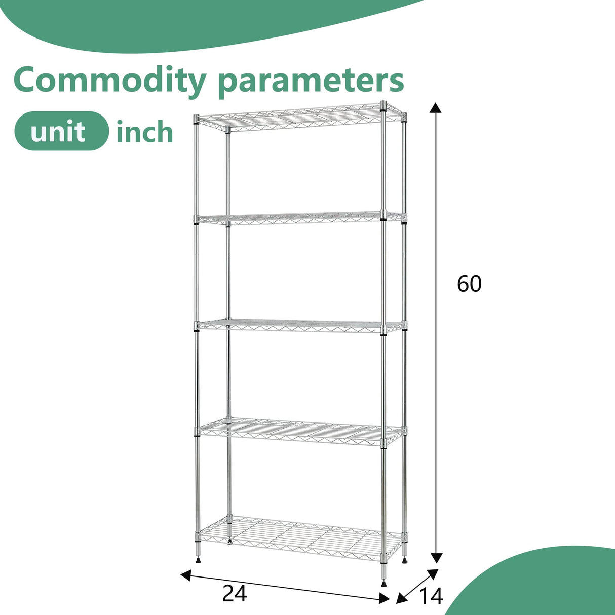 FDW 24" L×14" W×60" H Wire Shelving Unit Metal Shelf with 5 Tier Layer Rack Strong Steel for Restaurant Garage Pantry Kitchen Garage,Chrome FDW