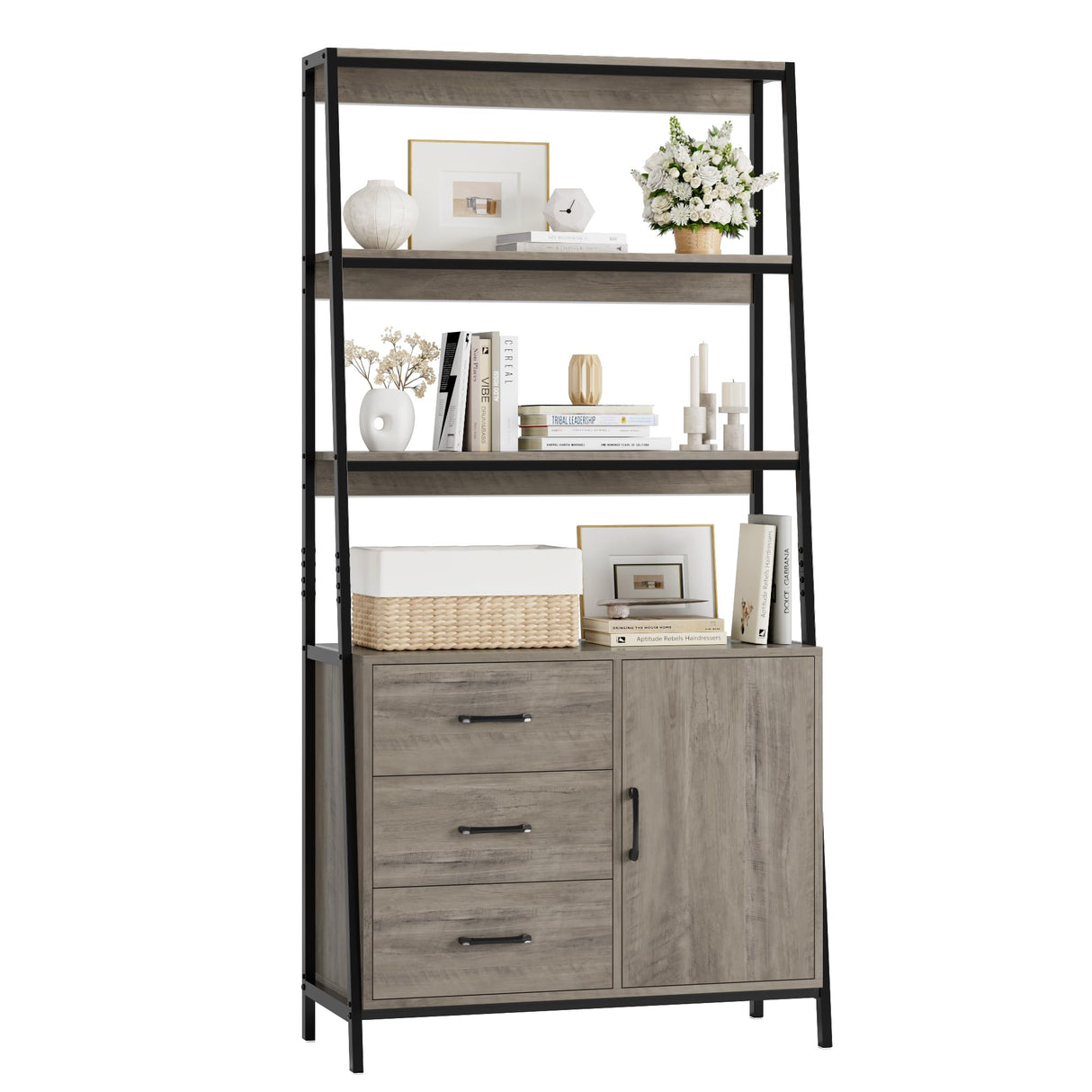 HITHOS 69" Industrial 4-Tier Bookshelf with Wooden Drawers - Ash Grey Elegance HITHOS
