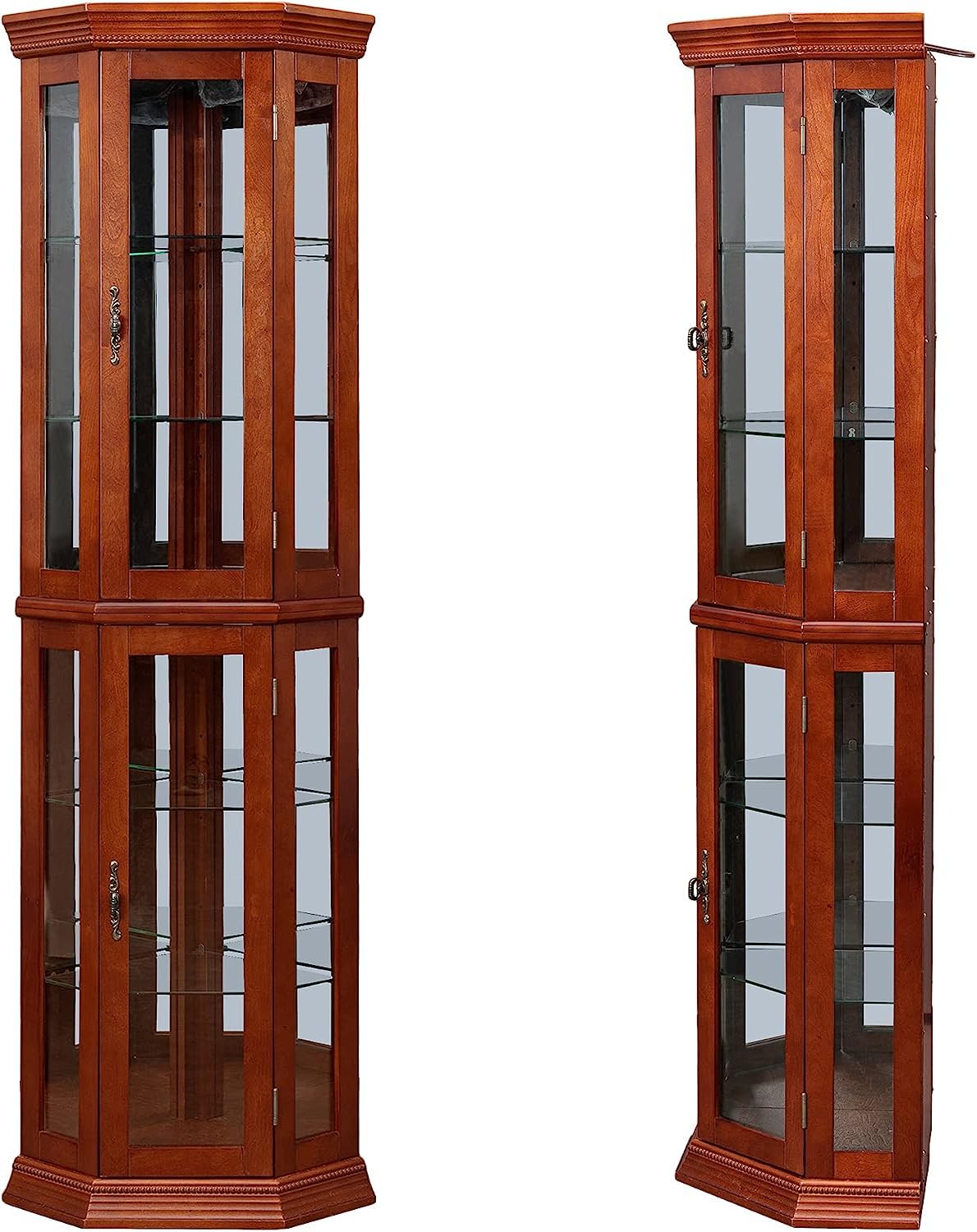 Yone jx je Corner Curio Cabinet with Lights,Bar Storage Cabinet, Adjustable Tempered Glass Shelves, Mirrored Back, Display Cabinet,Walnut (E26 Light Bulb not Included) Yone jx je