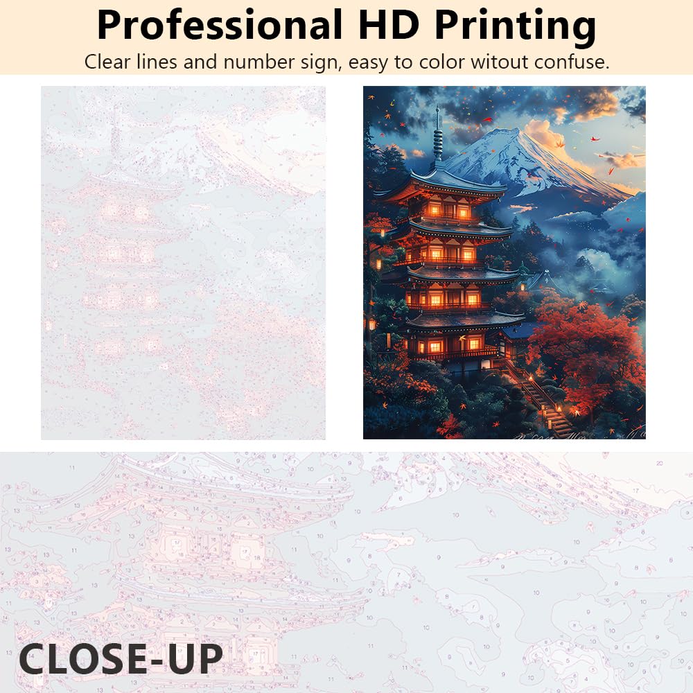 Mountain DIY Paint by Numbers for Adults, Japanese Style Cityscape Paint by Numbers Kits with Paintbrushes and Acrylic Pigment, 16X20 Inch Flameless Canvas Wall Decor Oil Painting for Friends Family TUMOVO
