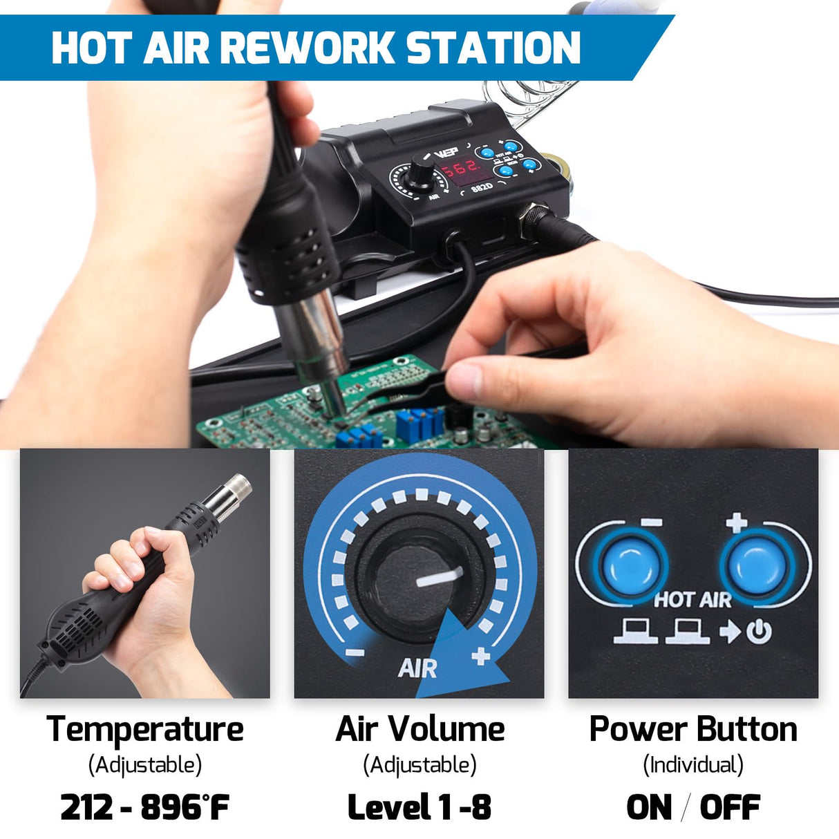 WEP 882D Soldering Iron Station 2-IN-1 SMD Hot Air Rework Station with 2 Spools of Solder Wire, 5 Soldering Tips, 3 Hot Air Nozzles, Brass Wool Tip Cleaner, Tweezers, Desoldering pump WEP