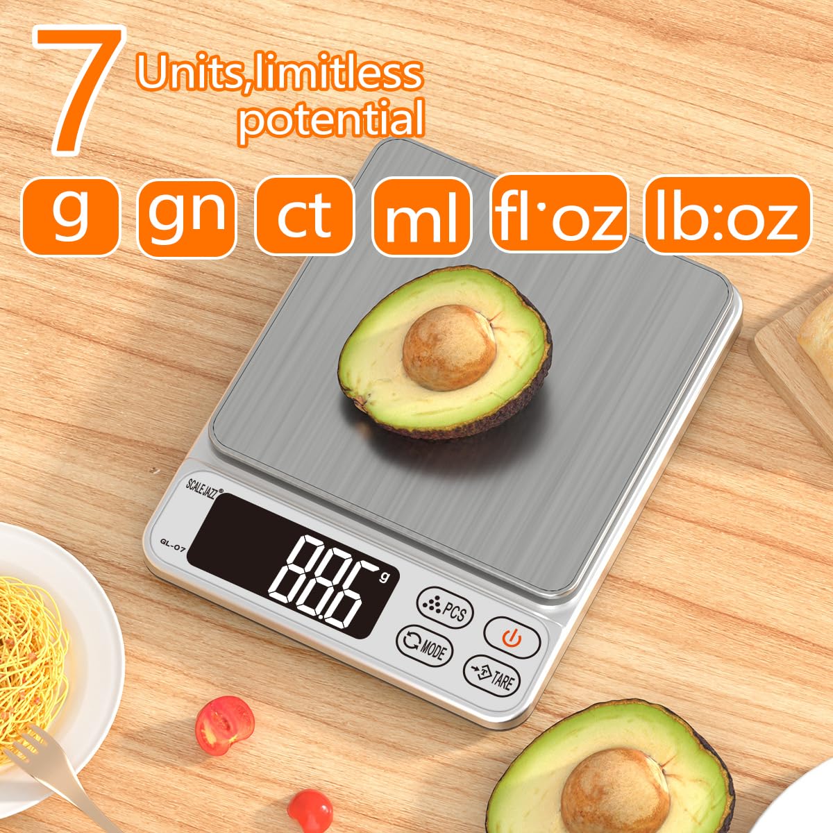 Mini Scale,6.6lb Scale for Grams,Digital Scale Food,Cooking Scale and Food Scales for Kitchen,Food Scale Grams and Ounces,Grams Scale,7Units,Auto Off,Tare,PCS,LCD Display SCALE JAZZ