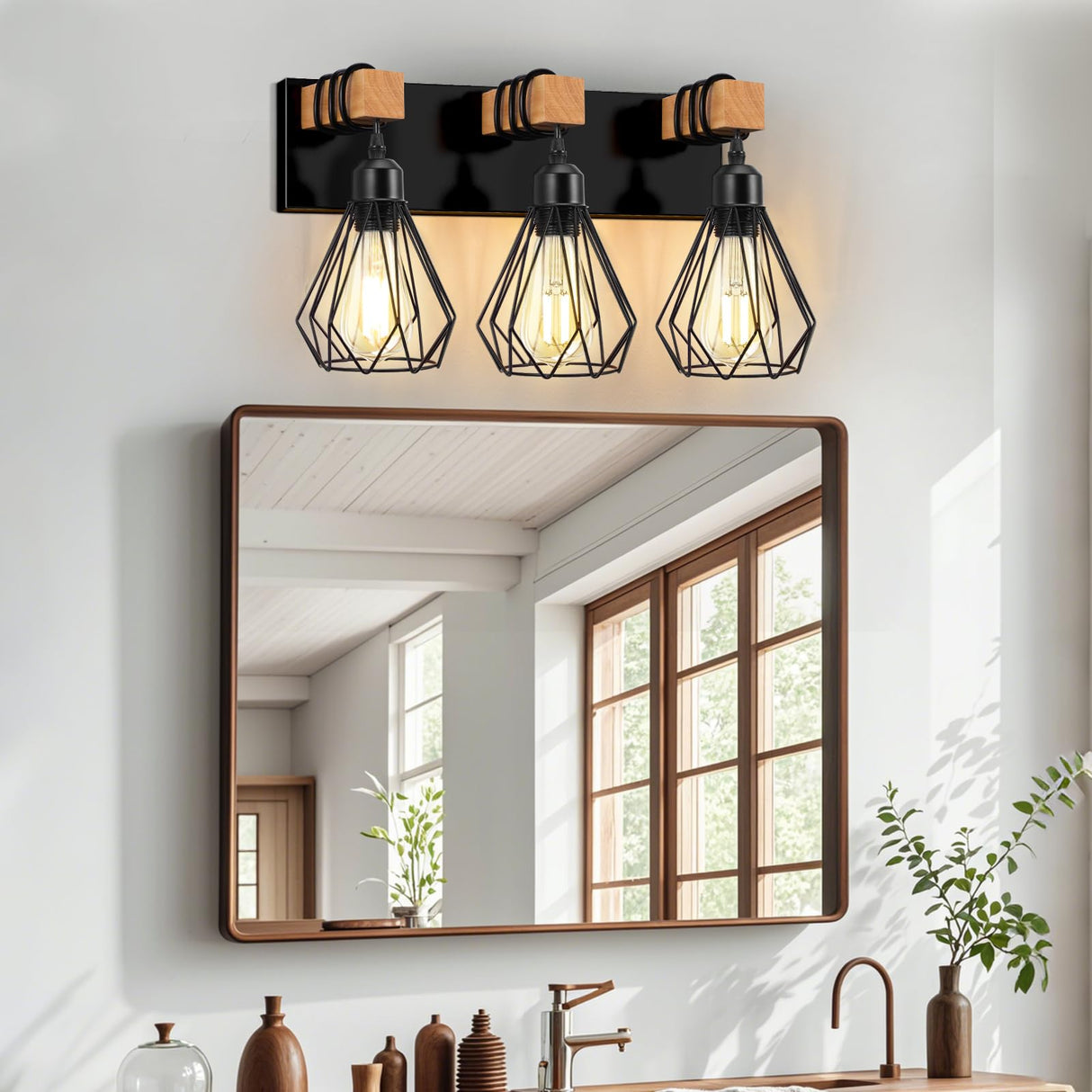 IZORRO Farmhouse Bathroom Vanity Light Fixtures, 3-Light Wood Bathroom Lighting Fixtures Over Mirror, Black Rustic Industrial Sconces Wall Lights with Metal Lampshade for Living Room, Bedroom IZORRO