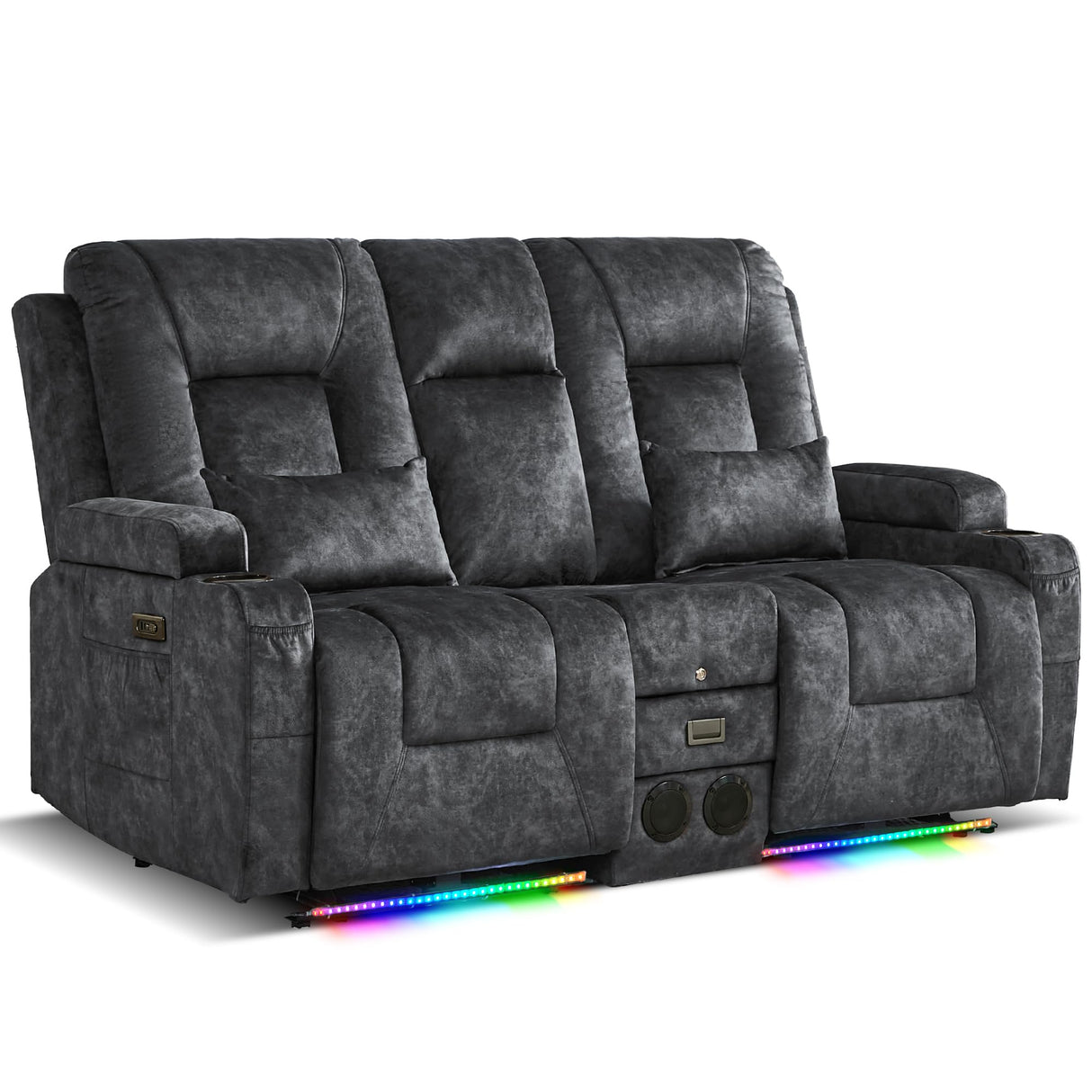 URRED Power Loveseat Recliner Sofa with Flipped Backrest Console, Wall Hugger RV Reclining Loveseat Sofa Couch with LED Light/Bluetooth Speakers/USB/Outlets/Cup Holders/Pillow/Side Pocket, Grey URRED