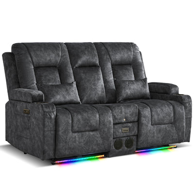 URRED Power Loveseat Recliner Sofa with Flipped Backrest Console, Wall Hugger RV Reclining Loveseat Sofa Couch with LED Light/Bluetooth Speakers/USB/Outlets/Cup Holders/Pillow/Side Pocket, Grey