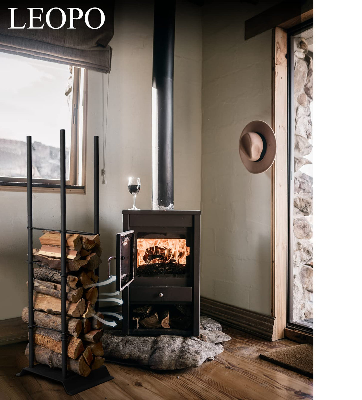 LEOPO Industrial Fireplace Log Holder Tower, Frame Indoor Outdoor Log Holder, Heavy Duty Wood Rack for Firewood LEOPO