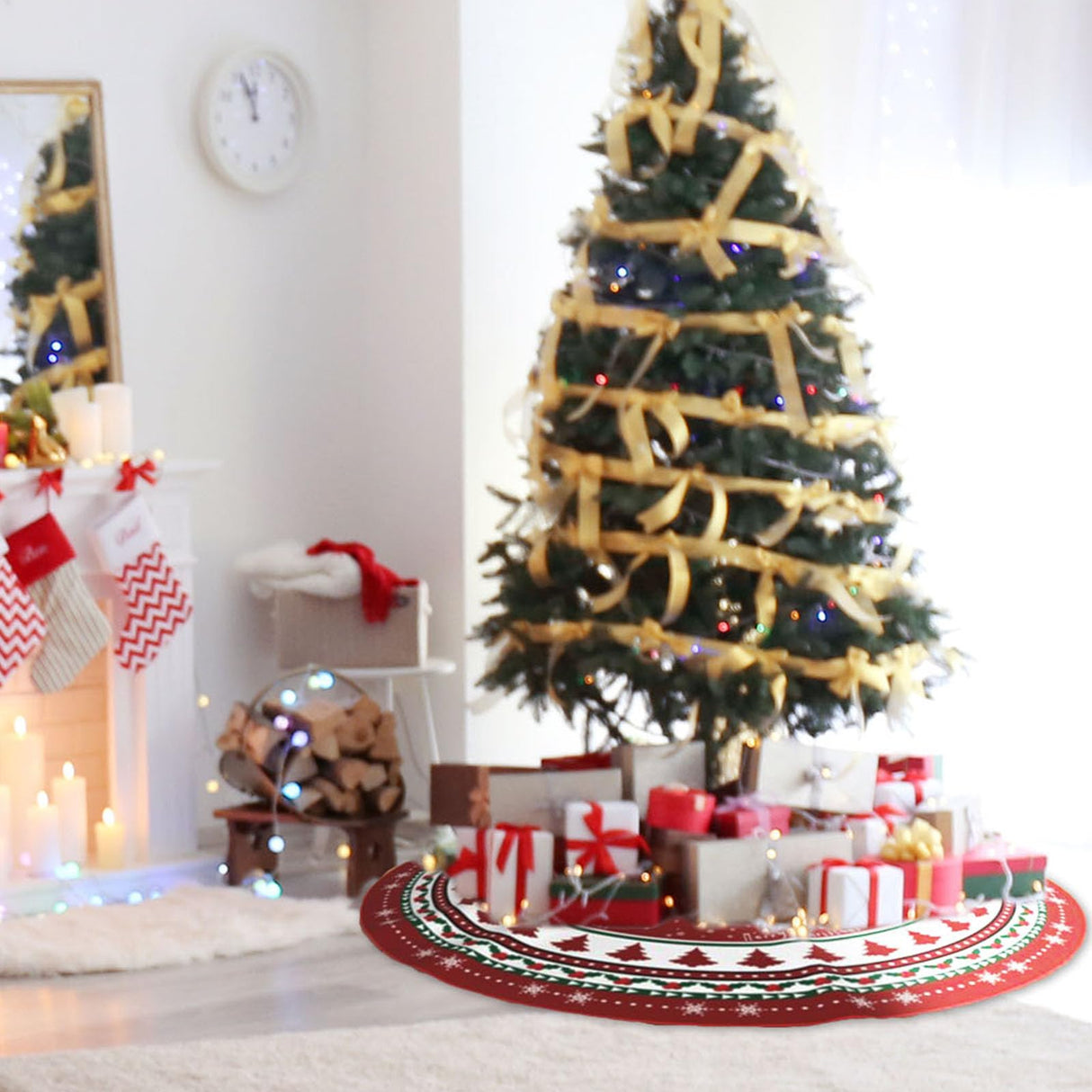 Christmas Tree Skirt 48 Inches, Red and Green Xmas Tree Mat with Winter Snowflake for Christmas Decorations Holiday Party Indoor Outdoor Home Decor (Red and Green) BULINGLY