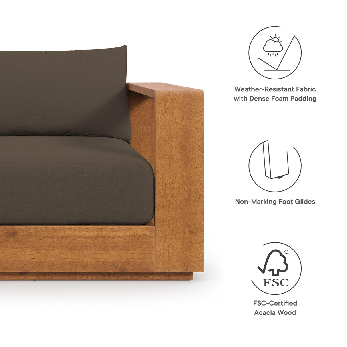 Modway Tahoe Acacia Wood 5-Piece Outdoor Patio Furniture Set in Natural Cocoa - Includes Lounge Chair and Sofa with Weather-Resistant Cushions, Plus Coffee Table Modway